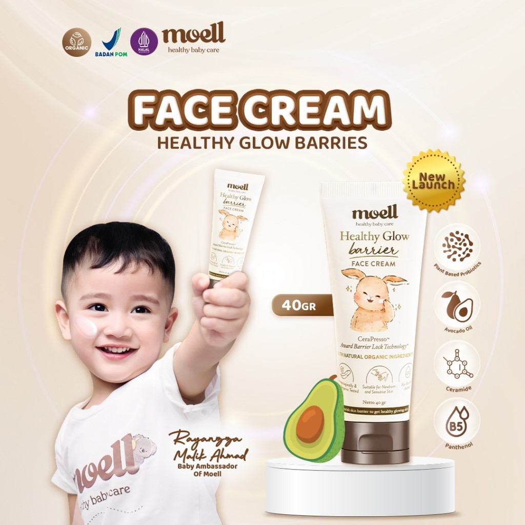Moell Face Cream Healthy Glow Barrier Face Cream 40gr - Pelembab Wajah Bayi - Plant Based Probiotics Suitable For Sensitive Skin