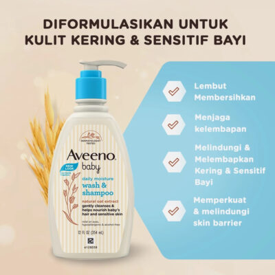 Aveeno Baby Daily Moisture Wash & Shampoo 354mL - Sabun & Shampoo Bayi untuk Kulit Normal & Kering thumbnail 4