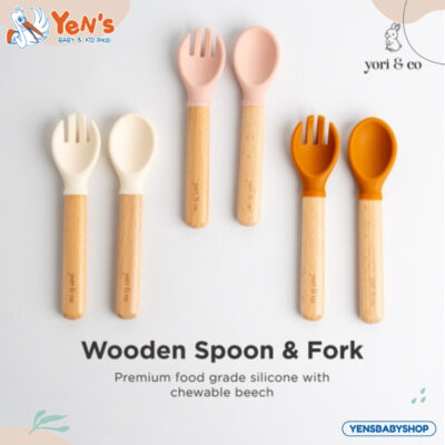 yoriandco Baby Training Wooden Silicone Spoon & Fork / Sendok Garpu Kayu Silikon Bayi