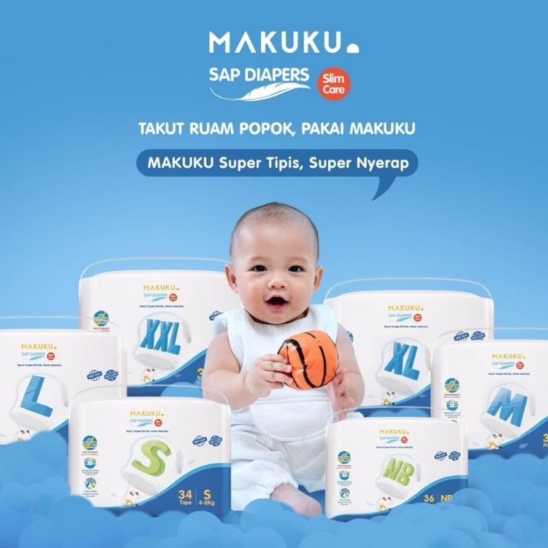 MAKUKU Slim Care NB36 S34 M32 L30 XL28 XXL26 SAP Diapers | Popok Bayi Tipis Extra Dry Anti Gumpal