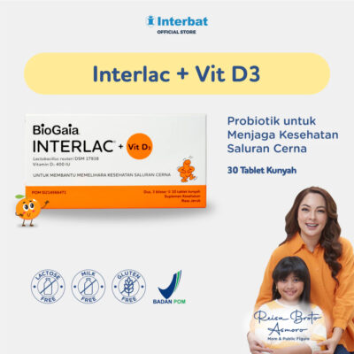 Interlac Probiotik + Vit D3 400 IU 3 Strip @10 Tablet - Menjaga Kesehatan Saluran Cerna dan Daya Tahan Tubuh Anak hingga Dewasa - Cukup 1 tablet sehari