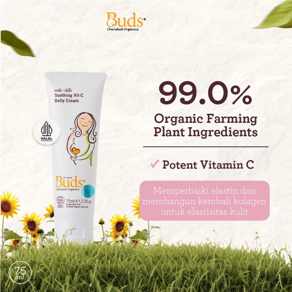 Buds Organics Soothing Vit-C Belly Cream 75ml-Lotion atau Krim Stretch Mark Pellindung dan Perawatan Kulit Ibu Hamil