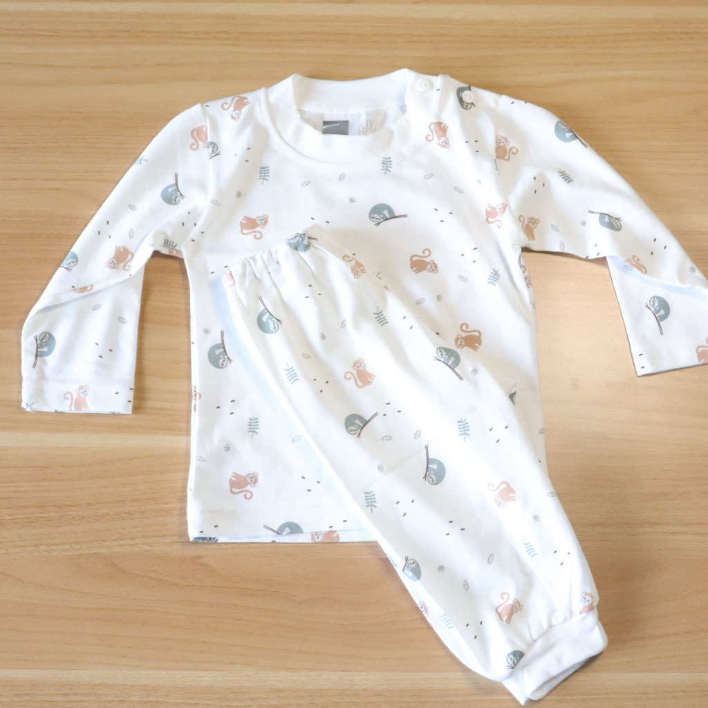 KIKI PUP Setelan oblong panjang bayi kancing pundak motif monkey