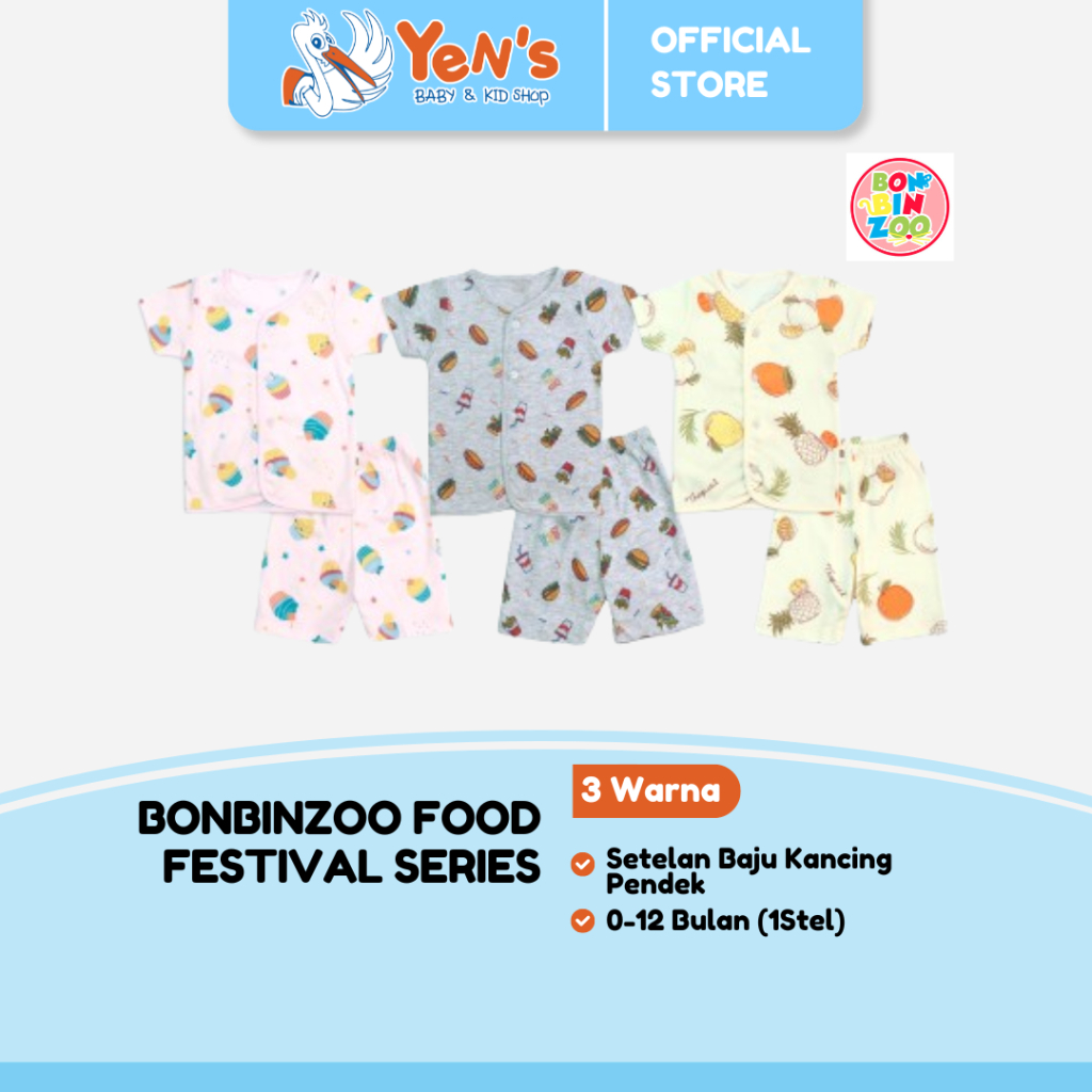 BONBINZOO - FOOD FESTIVAL SERIES Setelan Bayi Baju Celana Pendek Kancing Depan 0 -12 Bulan