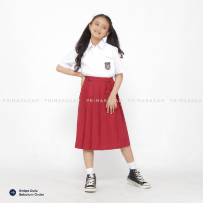 Rok seragam sekolah sd merah pendek rempel lipit atas ban pinggang karet - primaragam