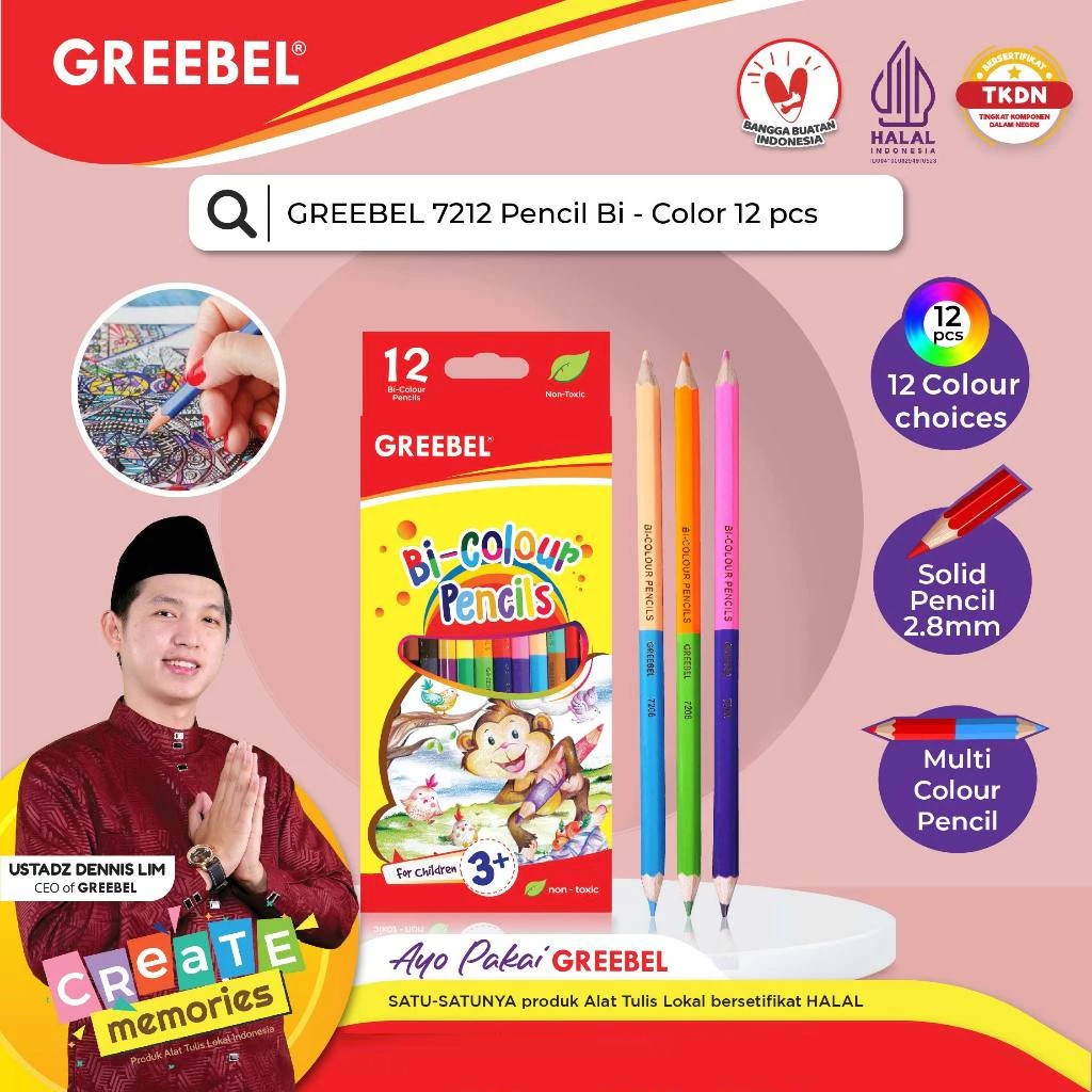 GREEBEL Pensil Warna 7212 BI COLOUR ISI 12 /18 - Coloring / Colour Pencils Cerah tidak beracun