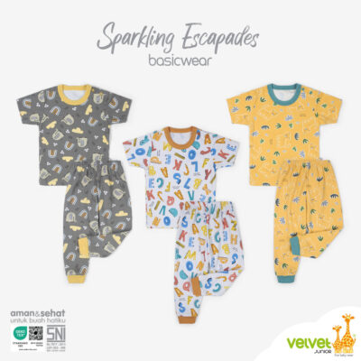 Velvet Junior Setelan Baju Anak Kancing Pundak Pendek Celana Panjang - BasicWear Sparkling Escapades S-XXL