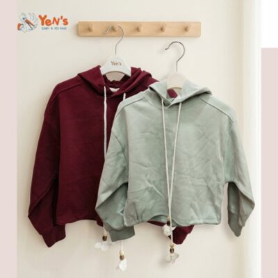 Sweater Hoodie Crop Wanita Tali Rajut Bandul Bunga Fleece Import Premium