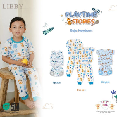 LIBBY Setelan Piyama Baju Kancing Newborn Laki Laki Perempuan Motif Unisex (1 Stel) Playtime Stories