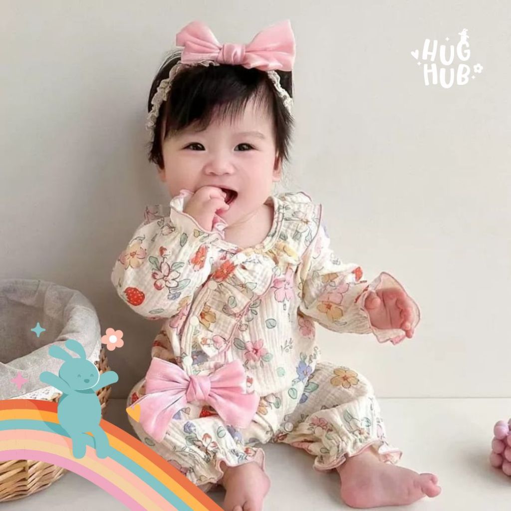 Hughub - Jumper bayi perempuan motif pita pink + BANDO jumpsuit newborn premium usia anak 3-12 bulan