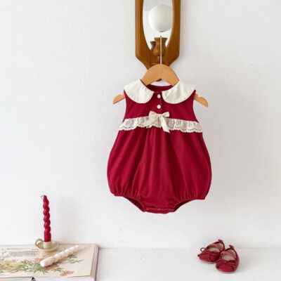 Romper baby kutung merah renda / romper bayi perempuan S - M