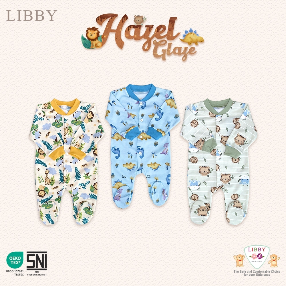 LIBBY Baby Baju Kodok Panjang Tutup Kaki - Sleepsuit Bayi Newborn Motif Hazel Glaze - isi 1 pcs
