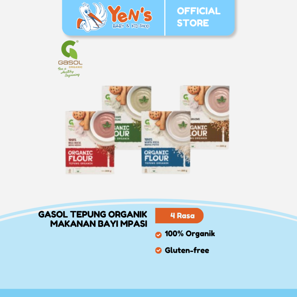 GASOL Tepung Organik Beras Putih, Merah, Five Grains, dan Kacang Hijau / Makanan Bayi MPASI 200gr