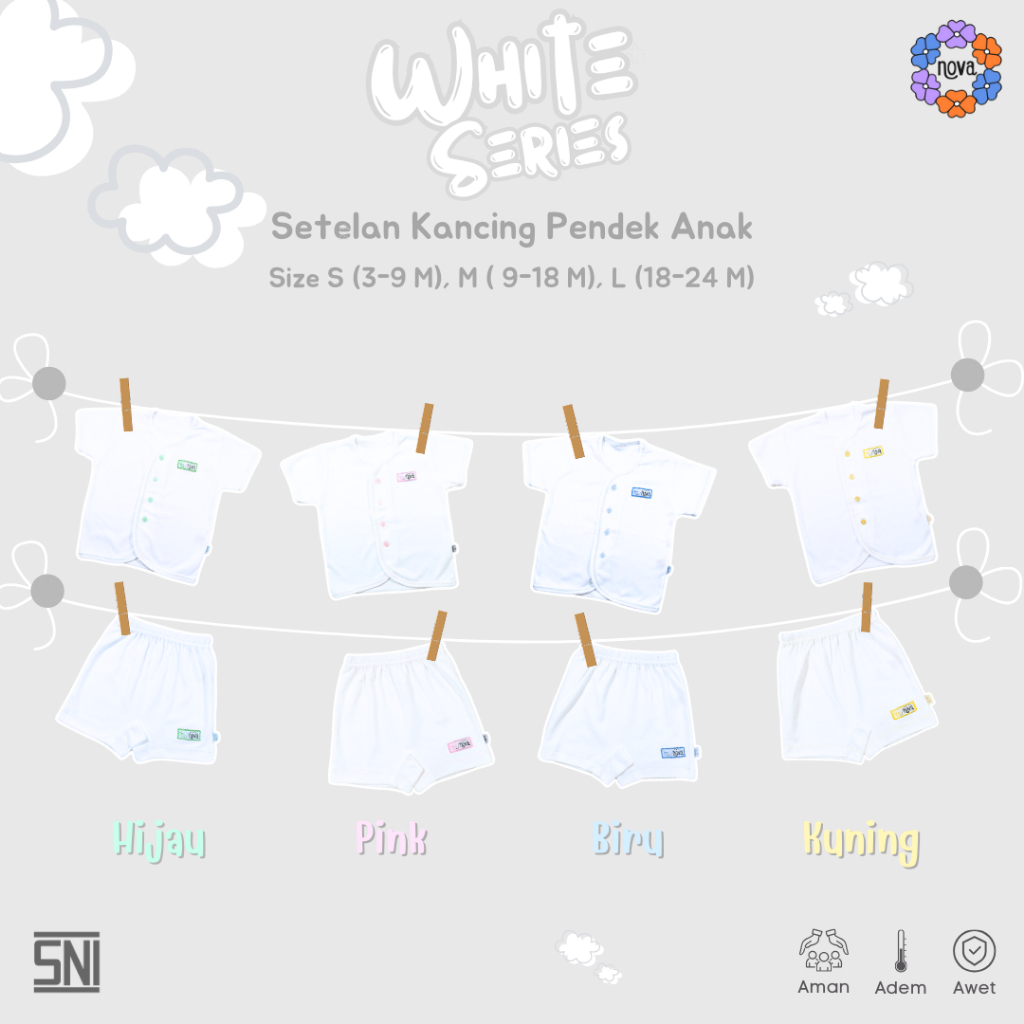 NOVA White Series - Setelan Anak Baju Kancing Pendek 3-24 bulan (1 stel)