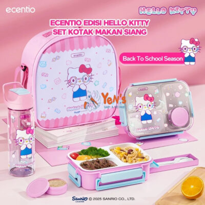 ecentio Kotak Makan Set Hello Kitty anti tumpah lunch box 800ml 3 Gird free sendok BPA FREE