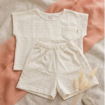 Rivetkids Shizuke Setelan Baju Anak Salur Bahan Katun Premium Lengan Pendek + Celana Pendek