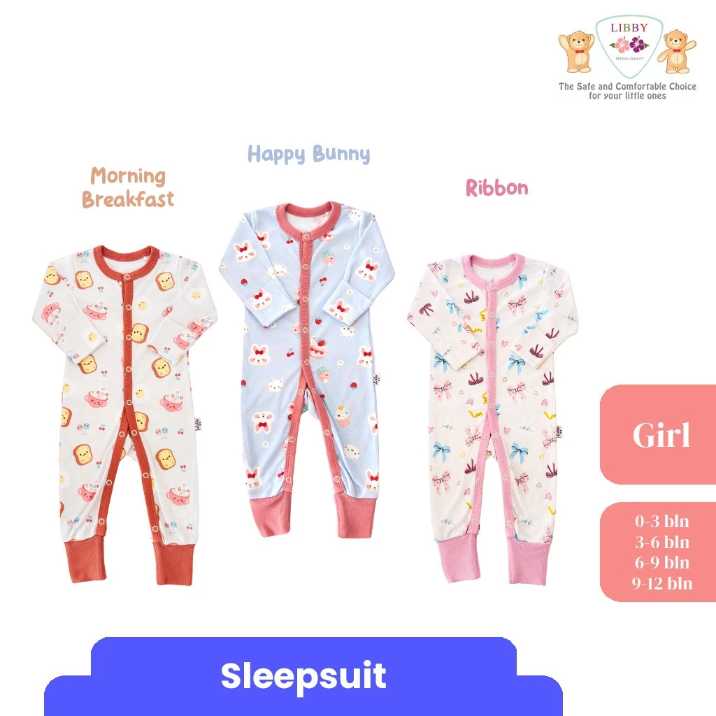 LIBBY Premium Baju Tidur Bayi Sleepsuit Bodysuit Romper Motif Girl 0-12 Bulan (3 Pcs/Pack)