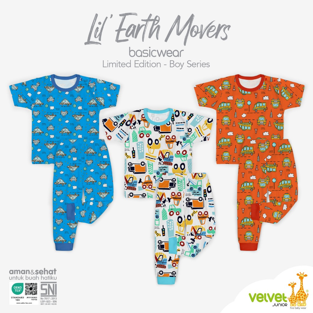 Velvet Junior Setelan Lil Earth Movers Limited DreamWear Kancing Pundak Pendek Celana Panjang (1 Stel)