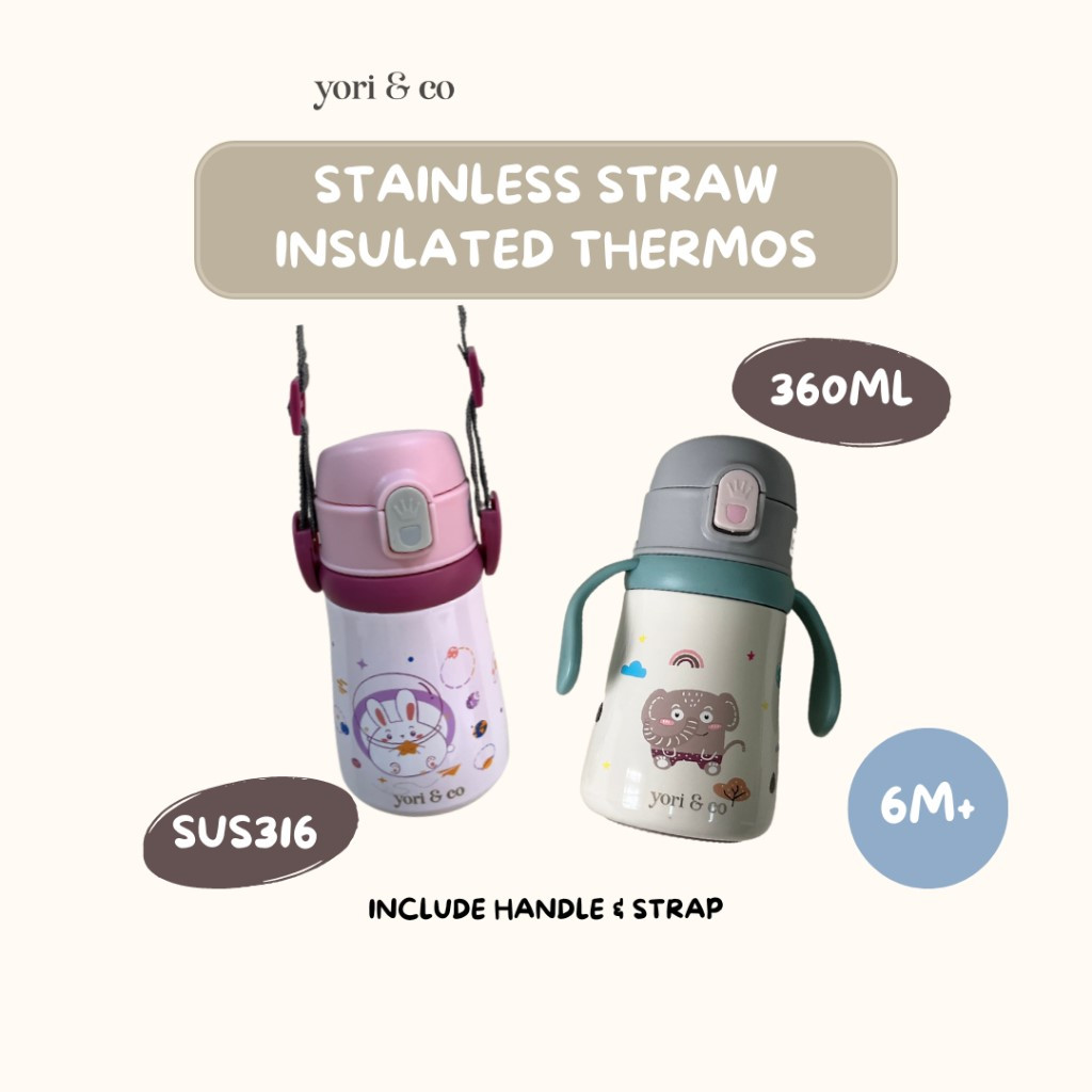yoriandco Botol Termos Minum Stainless Steel 316 Sedotan Anak Insulated Thermos Panas Dingin Tumbler Sedotan 360ML