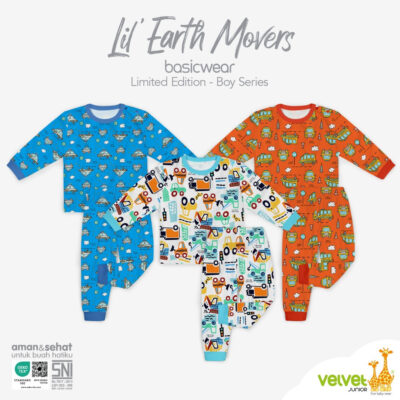 Velvet Junior Setelan Limited DreamWear Kancing Pundak Celana Panjang - Lil Earth Movers ( 1 Stel)