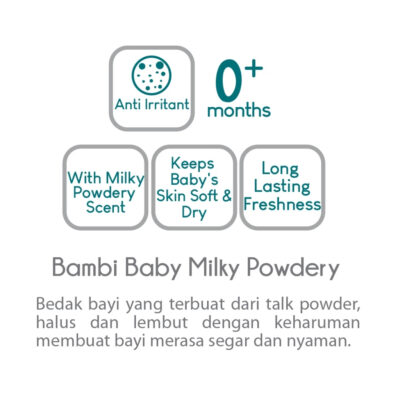 Bambi Baby Powder Milky Powdery 100gr - Bedak Bayi Tabur Kulit Normal - Sensitif thumbnail 4