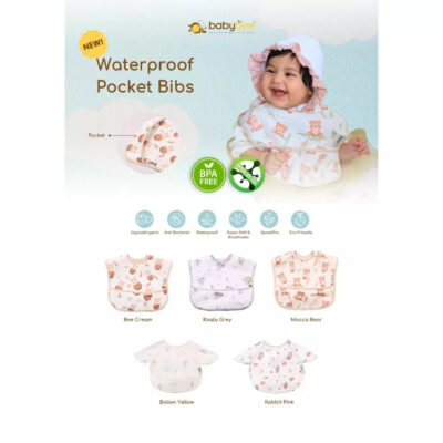 Celemek Baju Bayi Halus Tahan Air berkantong / Waterproof pocket Bibs Lembut Lengan Pendek