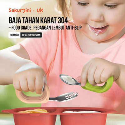 Sakumini Colorful Set Sendok Garpu Training Anak Bayi Gagang Bundar Stainless Steel
