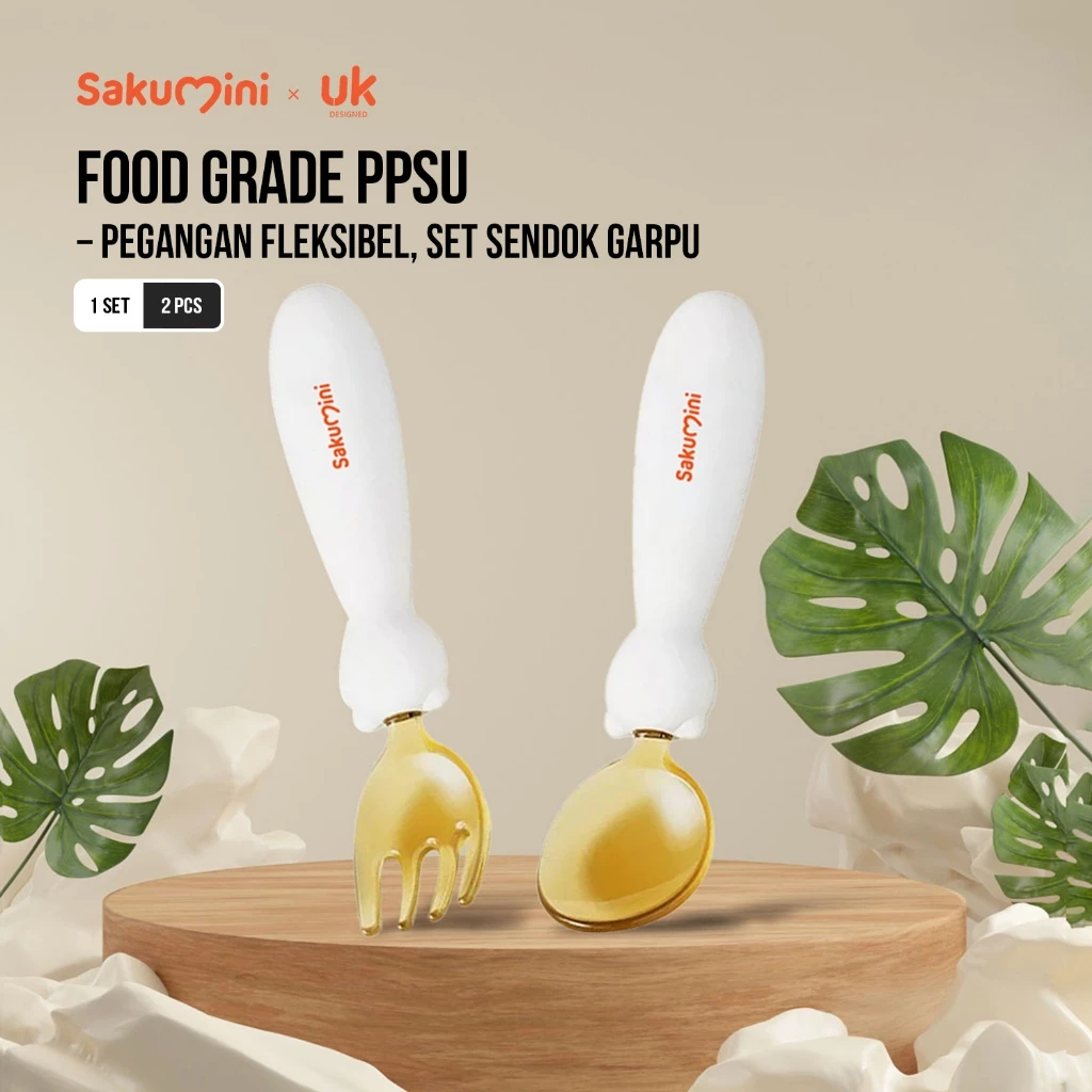 Sakumini Learning Silicone Ppsu Spoon Fork Sendok Garpu Bayi untuk usia 6 bulan ke atas