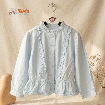 Kemeja Blus Biru Muda Ruffle Wanita - Lengan Panjang Korean Style 8802