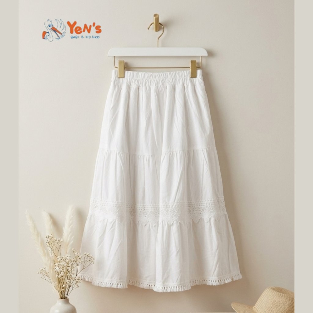Rok Panjang Anak Perempuan Putih Aksen Renda Rumbai / Long Skirt Kids White 28150