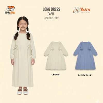 Rivet Kids Gamis Anak GAZIA Cream & Biru - Dress Panjang Perempuan bahan Rayon adem nyaman