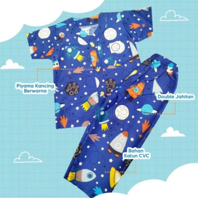 Rayyan Piyama Anak Setelan Motif Roket Biru / Setelan Baju Tidur Anak Laki Laki