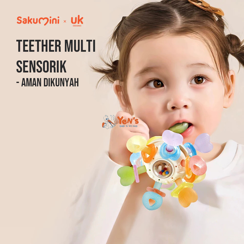 Sakumini Teether Ball Rattle Mainan Gigitan Bola Silikon Kerincingan Bayi BPA Free SNI