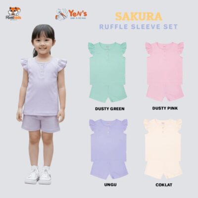 Rivet Atasan Anak Perempuan Tie Die Tanpa Lengan Ruffle Sleeve Set bahan adem SAKURA SET