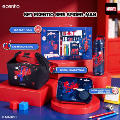 ecentio Kotak Makan Set Seri Spider Man anti tumpah lunch box anak 800ml free sendok botol minum