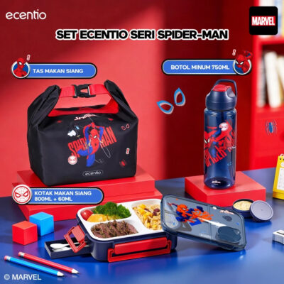 ecentio Kotak Makan Set Seri Spider Man anti tumpah lunch box anak 800ml free sendok botol minum thumbnail 4