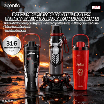 ecentio tumbler stainless 900ml/480ml Marvel Version Spider & Iron Man termos air panas botol minum thumbnail 2