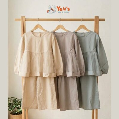 Setelan Baju Celana Anak Perempuan Model Ruffle Tulle Gaya Korea Earth Tone 8828