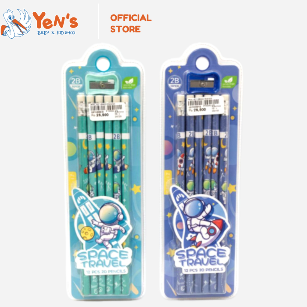 Pensil 2B Anak Karakter Astronot Space Travel (Isi 12 Pcs + Rautan)