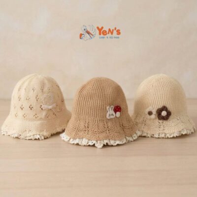 Topi Bucket Rajut Bayi / Anak Perempuan Renda Brokat Motif Pita & Kelinci