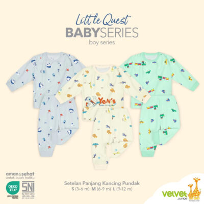 Velvet Setelan Baby Series Baju Anak Kancing Pundak Panjang Celana Panjang Boy-Little quest (1 Stel)
