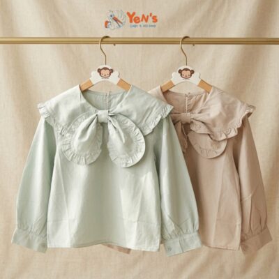 Blouse Anak Perempuan Kerah Pita Ruffle Lengan Panjang Soft Pastel Q8859