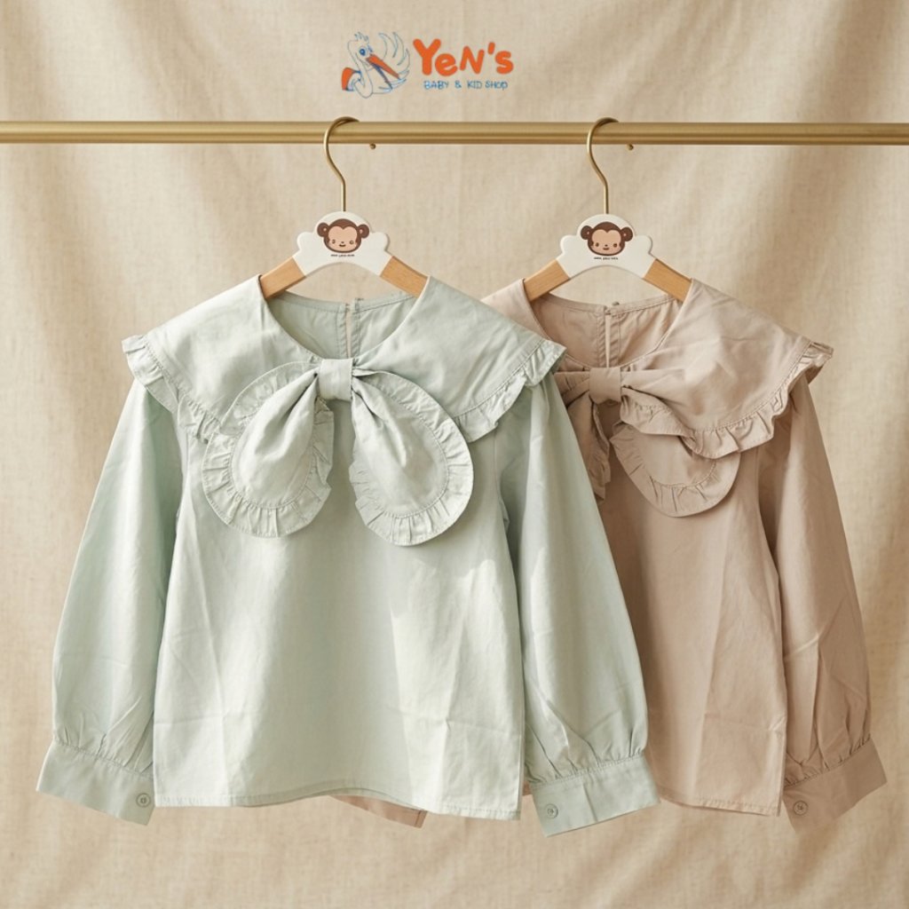 Blouse Anak Perempuan Kerah Pita Ruffle Lengan Panjang Soft Pastel Q8859