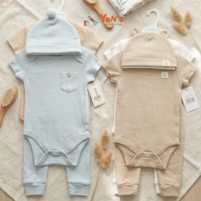 Jumper Bayi Set Topi & Celana Panjang Bahan Katun Rib Premium