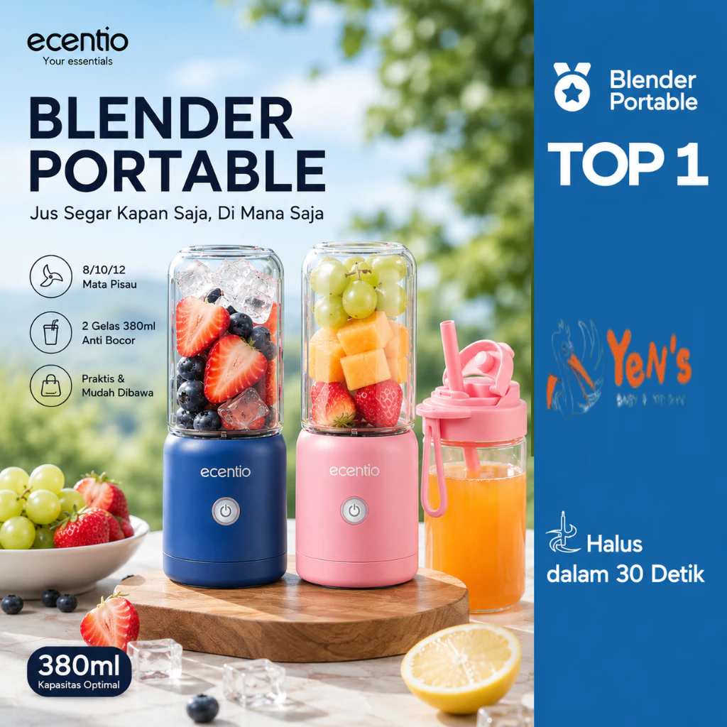 [2.0]ecentio Blender Portable Juicer 8/10/12 Mata Pisau Kaca Tebal, 2 Gelas 380ml Anti Bocor