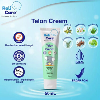 Relicare Telon Cream Hangat Mengurangi Perut Kembung 50ml -Tanpa Alkohol,Paraben,atau Pewangi Buatan