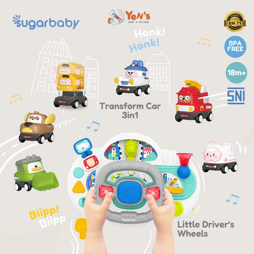 Sugarbaby Litttle Driver Wheel 's Baby Toys Transform Car 3in1 Mainan Mobilan Edukasi Anak 18M+