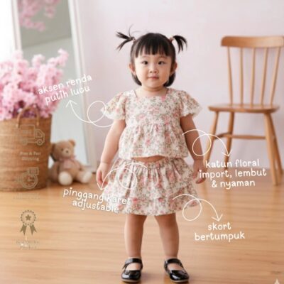Loli Jolly Setelan Anak Perempuan Eleanor Pink Rose White Rok Anak Bunga 0 - 3 tahun
