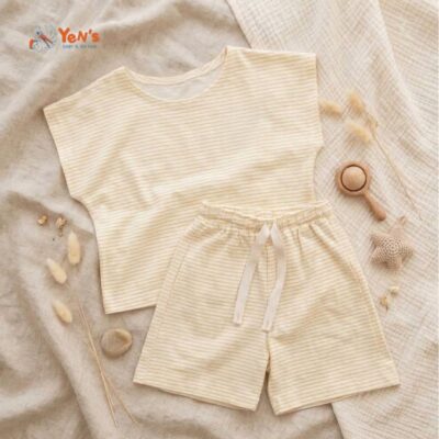 Rivetkids Shizuka Set Baju & Celana Pendek Anak Perempuan - Style Korea Motif Stripe Pastel