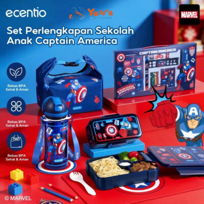 ECENTIO Lunch Box Captain America Tempat Bekal Anak Set Botol Minum Anti Bocor Dan Tumpah BPA FREE